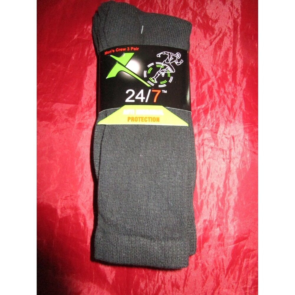 3 Pair 24/7 Microbial Crew Socks 65% Cotton Fits Shoe 6-11 Black